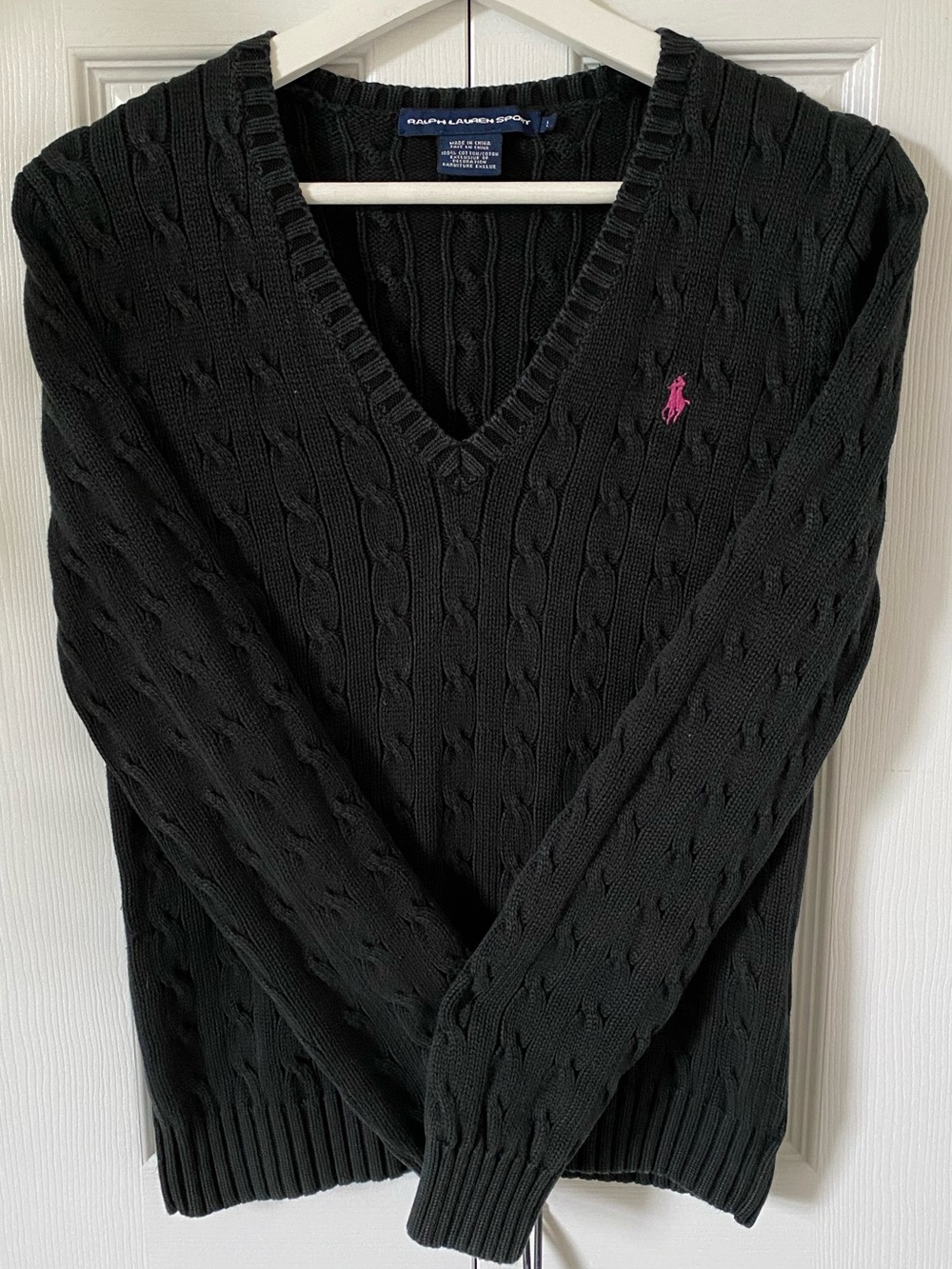 Ralph Lauren Cable-Knit V-Neck Sweater 100% cotton Black with Pink Pony sz Large